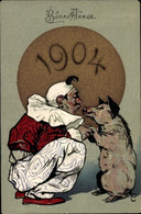 Lithographie Glückwunsch Neujahr, Pierrot Und Schwein Setzen Zum Kuss An, Jahreszahl 1904 - New Year