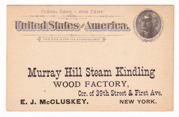 Postal Card Once Cent USA New York  Murray Hill Steam Kindling Wood Factory Postal Stationery - 1901-20