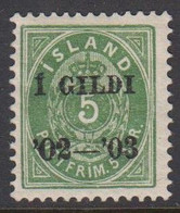 1902. ISLAND. I GILDI.__ 5 Aur Green. Perf. 12 3/4. BLACK Overprint.  Hinged. Very Rare Sta... (Michel 26B F) - JF521931 - Ongebruikt