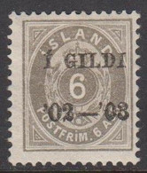 1902. ISLAND. I GILDI.__ 6 Aur Grey. Perf. 12 3/4. BLACK Overprint. Very Rare Stamp. Hinged... (Michel 27B F) - JF521932 - Ongebruikt