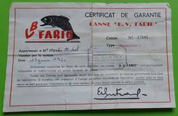 Certificat GARANTIE Canne B.V.Fario - MITCHELL Moulinet à PÊCHE - Poisson Truite - Environ 20.5x13.5 Cm - 15 Juin 1960 - Pêche