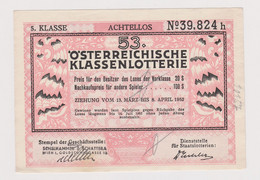Austria Österreich 1952 Klassenlotterie Loterie Lottery Billet Ticket 5. KLASSE ACHTELLOS 53. (ds399) - Lottery Tickets