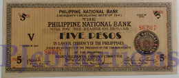 PHILIPPINES 5 PESOS 1941 PICK S626a AUNC EMERGENCY BANKNOTE - Philippines