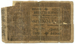 5 LIRE FALSO D'EPOCA BIGLIETTO DI STATO EFFIGE UMBERTO I 25/10/1892 MB - [ 8] Vals En Specimen