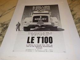 ANCIENNE   PUBLICITE  CHANTIER MODERNE LE T100 DE BERLIET  1958 - LKW