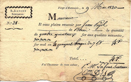 RARE BORDEREAU DE TRANSPORT L. LAFONT DE SENTENAC FORGE D ESTANIELS ARIEGE 1820 T.B.E. V. SCANS ET HISTORIQUE - 1800 – 1899