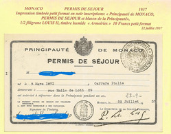 FISCAUX  MONACO TRES RARE PERMIS DE SEJOUR DE 1937 PETIT TIMBRE à 10 Francs "blason" 1/2 Filigrane LOUIS II - Steuermarken