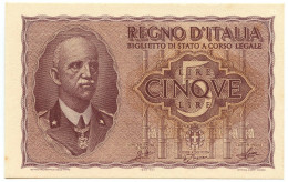 5 LIRE BIGLIETTO DI STATO VITTORIO EMANUELE III FASCIO 1944 XXII QFDS - Regno D'Italia – Autres