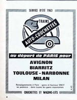 Publicité Papier SNCF WAGON LITS NARBONNE AUTO-COUCHETTES  1963 SVO - Advertising