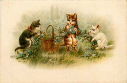 Chats * Cpa Illustrateur * Chats Humanisés Cueillant Des Fleurs * Cat Katze - Katten