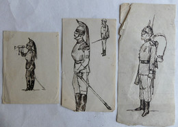 3 DESSINS ORIGINAUX Illustrations Encre Noire P MIGAULT - SOLDATS MILITAIRES Cuirassiers Prussien - Planches Et Dessins - Originaux