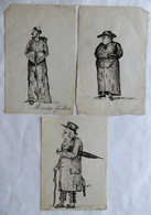 Lot De 3 Petits Dessins Originaux Illustrations Encre De Chine P MIGAULT - Religieux Moine Et Civil - Originele Tekeningen