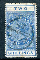 New Zealand 1882-1930 QV Longtype Fiscal Revenue - P.12½ - Wmk. 7mm - 2/- Blue Postally Used (SG F34) - Postal Fiscal Stamps