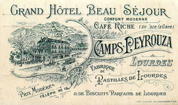 Lourdes * Grand Hôtel BEAU SEJOUR Café Riche CAMPS PEYROUZA * Carte De Visite Circa 1890/1900 - Lourdes