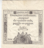 RARE Assignat 15 Sols Du 23 Mai 1793 Série 5 Ass.41a  TRÈS BEL ÉTAT - Assignats & Mandats Territoriaux