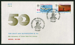 Türkiye 1983 Turkish State Civil Aviation, 50th Anniverary | Plane, Jet, Airport, Aircraft, Airlines Mi 2634-2635 FDC - Briefe U. Dokumente