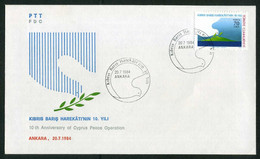 Türkiye 1984 Cyprus Peace Operation, 10th Anniversary | Peace Dove, Pigeon, Bird Mi 2677 FDC - Lettres & Documents