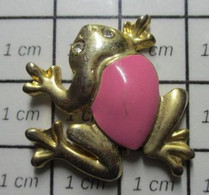 1122 Pins Pin's / Rare & Belle Qualité THEME ANIMAUX / GRENOUILLE METAL JAUNE ET EMAIL ROSE - Tiere