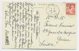 FRANCE IRIS 1F50 ORANGE SEUL CARTE MEILLERIE 29.12.1941 HTE SAVOIE POUR GENEVE AU TARIF - 1939-44 Iris