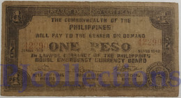 PHILIPPINES 1 PESO 1943 PICK S138 VG/F EMERGENCY BANKNOTE - Philippines