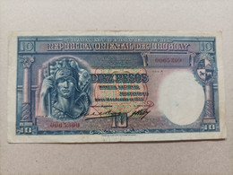 Billete De Uruguay De 10 Pesos, Año 1935 Serie A0065309, Nº Muy Bajo - Uruguay