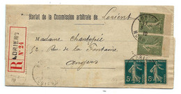 LORIENT 1910 - Paire Du Carnet SEMEUSE 15c + Complément Sur Recommandé - Old : 1906-1965