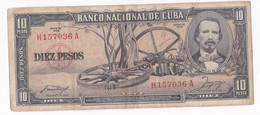 Cuba 10 Pesos Carlos Manuel De Cespedes 1958, N° H157036A , Billet Ayant Circulé - Cuba