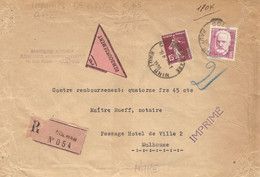 1936- Enveloppe RECC. étiquette Rose D'IMPRIMES Affr. à 1,40 F.  Pour Mulhouse -5 ème échelon De Poids RARE - 1921-1960: Periodo Moderno