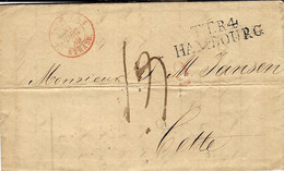 1839- Lettre De  T.T.R.4 / HAMBOURG ( 42 Mm Noir )  + Entrée TOUR. T  1 STRASB.  1  Rouge Pour  Sète - Marques D'entrées
