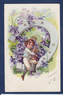 CPA Enfant Children Gaufrée Embossed écrite Fer à Cheval Violettes - Otros & Sin Clasificación