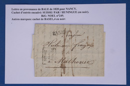 AZ1  SUISSE   BELLE LETTRE RR 1828 BASEL A  NANCY  FRANCE VIA HUNINGUE +2EME LETTRE ++AFFRANCH. INTERESSANT - ...-1845 Préphilatélie