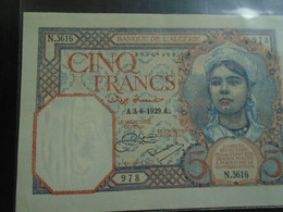 ALGERIA, P 77,  5 Francs , 1929 , Almost UNC Presque Neuf, With Staple Holes, Early Date - Algeria