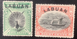 LABUAN 1897 SG 92a + 94a= 91 £, 5c Great Argus Pheasant & 8c Malay Dow Perf 13 1/2-14 Unused(*)VF(North Borneo Malaysia - Noord Borneo (...-1963)