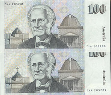 AUSTRALIA, P 48c , 100 Dollars , ND 1990 , UNC , 2 Consecutive Notes - 1974-94 Australia Reserve Bank (paper Notes)