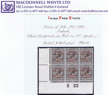 Ireland 1922 Thom Rialtas 5-line Red Overprint 9d Agate, Control S22 Imperf, Corner Block Of Six Plate 4 Mint - Unused Stamps