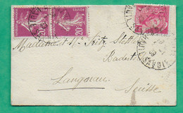 N°190 X2 + 406 MIXTE SEMEUSE MERCURE MIGNONETTE TARIF 45C BONNEVILLE HAUTE SAVOIE POUR LANGNAU SUISSE 1939 COVER FRANCE - 1938-42 Mercurio