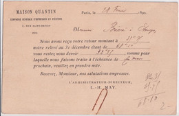 1890 - REPIQUAGE MAISON QUANTIN Sur CARTE ENTIER SAGE De PARIS => ETAMPES - AK Mit Aufdruck (vor 1995)