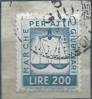 ITALIA-ITALY-ITALIEN,1961 Marca Da Bollo Per Atti Giudiziari,Revenue Fiscal -Tax 200L,Obliterated On The Document Fragm - Revenue Stamps