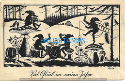 189358 ART ARTE SIGNED HOTA SHADOW PROFILE GNOME DRINKING IN THE MUSHROOM FOREST BREAK CIRCULATED TO GERMANY POSTCARD - Sin Clasificación