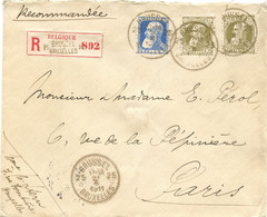 BELGIQUE - COB 74+75X2 SIMPLE CERCLE BILINGUE D'AGENCE BRUXELLES 25* SUR LETTRE RECOMMANDEE POUR PARIS, 1911 - 1905 Barbas Largas