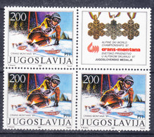 Yugoslavia 1987 Sport Skiing Mi#2215 Mint Never Hinged Piece Of 3 With Vignette - Unused Stamps