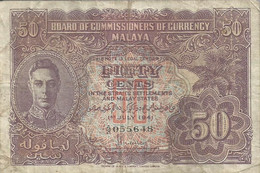 MALAYSIA MALAYA BRITISH 50 CENTS PURPLE KGVI FRONT MOTIF BACK DATED 01-07-1941 F+ P10b READ DESCRIPTION!! - Malaysia
