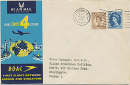 GB 1959 QEII 5d & 10d Rare Mixed Postage On B.O.A.C. Britannia Jet-Prop Airliner, Superb Maiden Flight "LONDON - BOMBAY" - Lettres & Documents