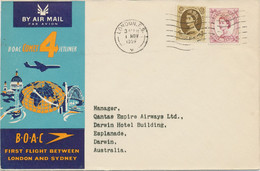 GB 1959 QEII 6d & 1sh Rare Mixed Postage On B.O.A.C. Britannia Jet-Prop Airliner, Superb Maiden Flight "LONDON - DARWIN" - Covers & Documents