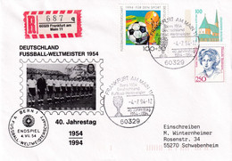 Germany 1994 Registered Cover: Football Soccer Calcio Fussball; FIFA World Cup USA; Wunder Von Bern; 40 Years - 1954 – Svizzera