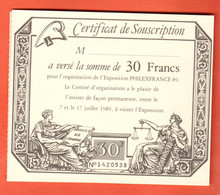 ZRD-01 Certificat De Souscription Pour L'Exposition PHILEXFRANCE Juillet 1989Symboles Des Droits De L'Homme Et Justice - Non Classificati