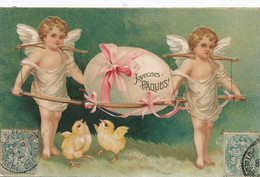 Carte Gaufrée Tres Belle Angelot Avec Enorme Oeuf De Paques Poussins Easter Cupid Envoi à Chateau Sur Cher Par Pionsat - Anges