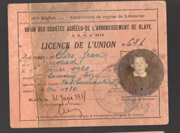 Blaye  (33 Gironde)  :carte De Membre UNION DES SOCIETES AGREEES De L'arrond. De Blaye 1938 (PPP37936) - Tessere Associative