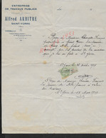 FACTURE SUR TIMBRE FISCAUX DE 1929 ALFRED ARBITRE TRAVAUX PUBLICS À SAINT YORRE ( ALLIER ) : - Briefe U. Dokumente