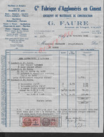 FACTURE SUR TIMBRE FISCAUX DE 1936 G.FAURE FABRIQUE AGGLOMÉRÉS EN CIMENT À VICHY : - Cartas & Documentos